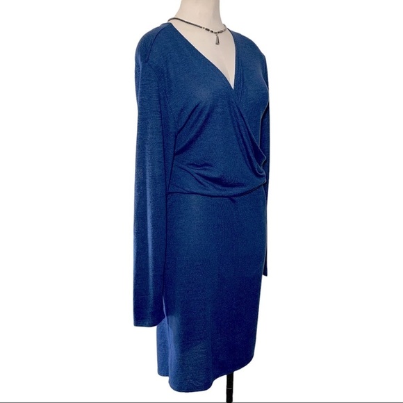 MINIMALIST Blue XL Casual Midi Dress Faux Wrap Long Sleeves V Neck - Picture 2 of 10